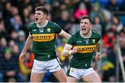 3 March 2024; Paudie Clifford of Kerry, right, celebrates with teammate Seán O'Shea after kicking a point during the Allianz Football League Division 1 match between Kerry and Tyrone at Fitzgerald Stadium in Killarney, Kerry. Photo by Brendan Moran/Sportsfile