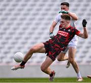 3 March 2024; Tommy Walsh of Cork shoots to score his side's first goal, under pressure from Mick O'Grady of Kildare, during the Allianz Football League Division 2 match between Cork and Kildare at SuperValu Páirc Ui Chaoimh in Cork. Photo by Piaras Ó Mídheach/Sportsfile