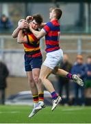 3 March 2024; Rian Treacy of Clontarf FC and Jamie Maguire of Lansdowne FC battle for possession during the JP Fanagan League match between Lansdowne FC and Clontarf FC at Lansdowne RFC in Dublin. Photo by Tyler Miller/Sportsfile