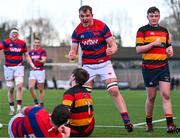 3 March 2024; Ciaran Bolger of Clontarf FC celebrates after team-mate Eddie Rees, bottom, scores `their side's second try during the JP Fanagan League match between Lansdowne FC and Clontarf FC at Lansdowne RFC in Dublin. Photo by Tyler Miller/Sportsfile