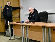 3 March 2024; Kildare manager Glenn Ryan speaks to media, as his brother and Kildare maor uisce Kieran Ryan looks on, during the Allianz Football League Division 2 match between Cork and Kildare at SuperValu Páirc Ui Chaoimh in Cork. Photo by Piaras Ó Mídheach/Sportsfile