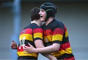 3 March 2024; Luke O'Connor of Lansdowne FC, right, celebrates with team-mate Jamie Maguire during the JP Fanagan League match between Lansdowne FC and Clontarf FC at Lansdowne RFC in Dublin. Photo by Tyler Miller/Sportsfile