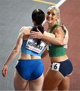 3 March 2024; Sarah Lavin of Ireland with Reetta Hurske of Finland after their semi-final of the Women's 60m hurdles day three of the World Indoor Athletics Championships 2024 at Emirates Arena in Glasgow, Scotland. Photo by Sam Barnes/Sportsfile