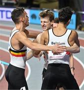 3 March 2024; Alexander Doom of Belgium, centre, celebrates with teammates after winning the Men's 4 x 400m Relay Final on day three of the World Indoor Athletics Championships 2024 at Emirates Arena in Glasgow, Scotland. Photo by Sam Barnes/Sportsfile