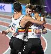 3 March 2024; Alexander Doom of Belgium, centre, celebrates with teammates after winning the Men's 4 x 400m Relay Final on day three of the World Indoor Athletics Championships 2024 at Emirates Arena in Glasgow, Scotland. Photo by Sam Barnes/Sportsfile