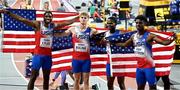 3 March 2024; The USA team, from left, Noah Lyles, Matthew Boling, Christopher Bailey and Jacory Pattrson celebrate after winning silver in the Men's 4 x 400m Relay Final on day three of the World Indoor Athletics Championships 2024 at Emirates Arena in Glasgow, Scotland. Photo by Sam Barnes/Sportsfile