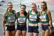 3 March 2024; The Ireland team, from left, Sophie Becker, Phil Healy, Roisin Harrison and Sharlene Mawdsley after the Women's 4 x 400m Relay Final on day three of the World Indoor Athletics Championships 2024 at Emirates Arena in Glasgow, Scotland. Photo by Sam Barnes/Sportsfile