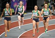 3 March 2024; Sharlene Mawdsley, Roisin Harrison, Phil Healy and Sophie Becker of Ireland make their way to the start of the Women's 4 x 400m Relay Final on day three of the World Indoor Athletics Championships 2024 at Emirates Arena in Glasgow, Scotland. Photo by Sam Barnes/Sportsfile