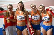 3 March 2024; Gold medallists in the Women's 4 x 400m Relay Final, from left, Cathelijn Peeters, Lieke Klaver, Femke Bol and Lisanne De Wite of Netherlands on day three of the World Indoor Athletics Championships 2024 at Emirates Arena in Glasgow, Scotland. Photo by Sam Barnes/Sportsfile