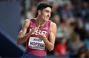3 March 2024; Bryce Hoppel of USA celebrates winning the Men's 800m Final on day three of the World Indoor Athletics Championships 2024 at Emirates Arena in Glasgow, Scotland. Photo by Sam Barnes/Sportsfile