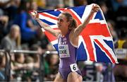 3 March 2024; Jemma Reekie of Great Britain celebrates winning silver in the Women's 800m Final on day three of the World Indoor Athletics Championships 2024 at Emirates Arena in Glasgow, Scotland. Photo by Sam Barnes/Sportsfile