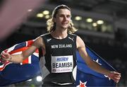3 March 2024; Geordie Beamish of New Zealand celebrates winning the Men's 1500m Final on day three of the World Indoor Athletics Championships 2024 at Emirates Arena in Glasgow, Scotland. Photo by Sam Barnes/Sportsfile
