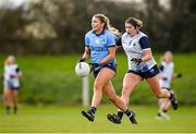 3 March 2024; Ellen Gribben of Dublin in action against Eve Power of Waterford during the Lidl LGFA National League Division 1 Round 5 match between Waterford and Dublin at Fraher Field in Dungarvan, Waterford. Photo by Seb Daly/Sportsfile