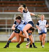 3 March 2024; Leah Caffrey of Dublin in action against Waterford players Mairead O'Brien, left, and Clare Walsh during the Lidl LGFA National League Division 1 Round 5 match between Waterford and Dublin at Fraher Field in Dungarvan, Waterford. Photo by Seb Daly/Sportsfile