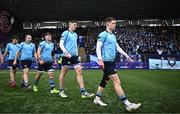 4 March 2024; St Michael's College captain James Sherwin leads out his team before the Bank of Ireland Leinster Schools Senior Cup semi-final match between St Michael's College and Gonzaga College at Energia Park in Dublin. Photo by Harry Murphy/Sportsfile