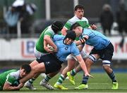 4 March 2024; Riain Coogan of St Michael's College is tackled by Jamie Sheil of Gonzaga during the Bank of Ireland Leinster Schools Senior Cup semi-final match between St Michael's College and Gonzaga College at Energia Park in Dublin. Photo by Harry Murphy/Sportsfile
