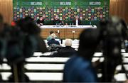 4 March 2024; Newly appointed interim head coach John O'Shea, centre, with FAI director of football Marc Canham, right, and communications manager Kieran Crowley, left, during a Republic of Ireland press conference at the Aviva Stadium in Dublin. Photo by Stephen McCarthy/Sportsfile