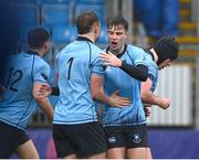 4 March 2024; David Lucey and Billy O'Donohoe of St Michael's College celebrate their side's second try during the Bank of Ireland Leinster Schools Senior Cup semi-final match between St Michael's College and Gonzaga College at Energia Park in Dublin. Photo by Harry Murphy/Sportsfile
