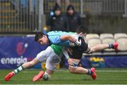 4 March 2024; Frazer McKenna of St Michael's College in action against Noah Byrne of Gonzaga during the Bank of Ireland Leinster Schools Senior Cup semi-final match between St Michael's College and Gonzaga College at Energia Park in Dublin. Photo by Harry Murphy/Sportsfile