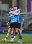 4 March 2024; Chris O'Connor and Myles Berman of St Michael's College embrace after their side's victory in the Bank of Ireland Leinster Schools Senior Cup semi-final match between St Michael's College and Gonzaga College at Energia Park in Dublin. Photo by Harry Murphy/Sportsfile