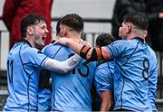 4 March 2024; St Michael's College players, from left, Pat Wood, Ethan Black and Sam Corrigan celebrate during the Bank of Ireland Leinster Schools Senior Cup semi-final match between St Michael's College and Gonzaga College at Energia Park in Dublin. Photo by Harry Murphy/Sportsfile