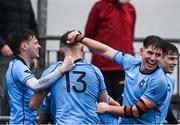 4 March 2024; St Michael's College players, from left, Pat Wood, Ethan Black and Sam Corrigan celebrate during the Bank of Ireland Leinster Schools Senior Cup semi-final match between St Michael's College and Gonzaga College at Energia Park in Dublin. Photo by Harry Murphy/Sportsfile