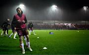 4 March 2024; Aodh Dervin of Galway United warms up before the SSE Airtricity Men's Premier Division match between Shelbourne and Galway United at Tolka Park in Dublin. Photo by Harry Murphy/Sportsfile