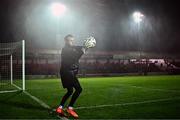 4 March 2024; Galway United goalkeeper Brendan Clarke warms up before the SSE Airtricity Men's Premier Division match between Shelbourne and Galway United at Tolka Park in Dublin. Photo by Harry Murphy/Sportsfile