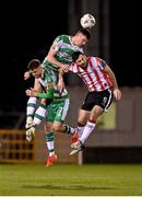 4 March 2024; Josh Honohan and Dylan Watts, left, of Shamrock Rovers in action against Patrick Hoban of Derry City during the SSE Airtricity Men's Premier Division match between Shamrock Rovers and Derry City at Tallaght Stadium in Dublin. Photo by Stephen McCarthy/Sportsfile