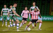4 March 2024; Michael Duffy of Derry City in action against Josh Honohan of Shamrock Rovers during the SSE Airtricity Men's Premier Division match between Shamrock Rovers and Derry City at Tallaght Stadium in Dublin. Photo by David Fitzgerald/Sportsfile