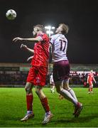 4 March 2024; Will Jarvis of Shelbourne in action against Vincent Borden of Galway United during the SSE Airtricity Men's Premier Division match between Shelbourne and Galway United at Tolka Park in Dublin. Photo by Harry Murphy/Sportsfile