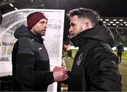 4 March 2024; Shamrock Rovers manager Stephen Bradley and Derry City manager Ruaidhrí Higgins, left, before the SSE Airtricity Men's Premier Division match between Shamrock Rovers and Derry City at Tallaght Stadium in Dublin. Photo by Stephen McCarthy/Sportsfile
