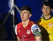 4 March 2024; St Patrick's Athletic players Joe Redmond, left, and Marcelo Pitaluga before the SSE Airtricity Men's Premier Division match between Waterford and St Patrick's Athletic at the Regional Sports Centre in Waterford. Photo by Piaras Ó Mídheach/Sportsfile