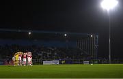 4 March 2024; St Patrick's Athletic players in a huddle before the SSE Airtricity Men's Premier Division match between Waterford and St Patrick's Athletic at the Regional Sports Centre in Waterford. Photo by Piaras Ó Mídheach/Sportsfile