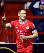4 March 2024; John Martin of Shelbourne celebrates his side's first goal during the SSE Airtricity Men's Premier Division match between Shelbourne and Galway United at Tolka Park in Dublin. Photo by Harry Murphy/Sportsfile