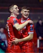 4 March 2024; John Martin of Shelbourne, left, celebrates with teammate Will Jarvis after scoring his side's first goal during the SSE Airtricity Men's Premier Division match between Shelbourne and Galway United at Tolka Park in Dublin. Photo by Harry Murphy/Sportsfile
