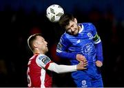 4 March 2024; Barry Begley of Waterford in action against Jamie Lennon of St Patrick's Athletic during the SSE Airtricity Men's Premier Division match between Waterford and St Patrick's Athletic at the Regional Sports Centre in Waterford. Photo by Piaras Ó Mídheach/Sportsfile