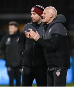 4 March 2024; Derry City assistant manager Paul Hegarty and manager Ruaidhrí Higgins during the SSE Airtricity Men's Premier Division match between Shamrock Rovers and Derry City at Tallaght Stadium in Dublin. Photo by Stephen McCarthy/Sportsfile