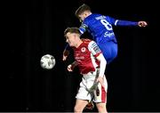 4 March 2024; Chris Forrester of St Patrick's Athletic in action against Barry Begley of Waterford during the SSE Airtricity Men's Premier Division match between Waterford and St Patrick's Athletic at the Regional Sports Centre in Waterford. Photo by Piaras Ó Mídheach/Sportsfile
