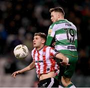 4 March 2024; Ronan Boyce of Derry City in action against Markus Poom of Shamrock Rovers during the SSE Airtricity Men's Premier Division match between Shamrock Rovers and Derry City at Tallaght Stadium in Dublin. Photo by Stephen McCarthy/Sportsfile