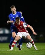 4 March 2024; Brandon Kavanagh of St Patrick's Athletic in action against Rowan McDonald of Waterford during the SSE Airtricity Men's Premier Division match between Waterford and St Patrick's Athletic at the Regional Sports Centre in Waterford. Photo by Piaras Ó Mídheach/Sportsfile