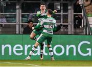 4 March 2024; Darragh Burns of Shamrock Rovers celebrates with team-mate Markus Poom, 19, after scoring their side's first goal during the SSE Airtricity Men's Premier Division match between Shamrock Rovers and Derry City at Tallaght Stadium in Dublin. Photo by Stephen McCarthy/Sportsfile