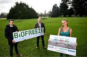 7 March 2024; Head of Reckitt Marketing Ireland Charl Malan, left, Athletics Ireland CEO Hamish Adams, centre, and Irish sprinter and Biofreeze ambassador Sharlene Mawdsley pictured at the Phoenix Park as Biofreeze are announced as the Official Recovery Partner to Athletics Ireland. Photo by Ramsey Cardy/Sportsfile