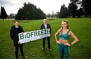 7 March 2024; Head of Reckitt Marketing Ireland Charl Malan, left, Athletics Ireland CEO Hamish Adams, centre, and Irish sprinter and Biofreeze ambassador Sharlene Mawdsley pictured at the Phoenix Park as Biofreeze are announced as the Official Recovery Partner to Athletics Ireland. Photo by Ramsey Cardy/Sportsfile
