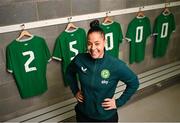 7 March 2024; Rianna Jarrett poses for a portrait during the Sky WNT Bursary Launch at FAI Headquarters in Abbotstown, Dublin after a Republic of Ireland women training session. Today, Sky proudly announces the return of the Sky WNT Fund for 2024. The Sky WNT Fund provides a €25,000 bursary to help up to five Women’s National Team players with their studies, career development and off-field careers. Sky's partnership with the WNT extends beyond the pitch. Entering its third year, the €25,000 bursary fund exemplifies Sky's commitment to the team's growth. Applications for the Sky 2024 WNT Bursary Fund are now open to all current WNT squad members. Photo by David Fitzgerald/Sportsfile