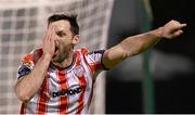 4 March 2024; Patrick Hoban of Derry City celebrates after scoring his side's first goal, a penalty, during the SSE Airtricity Men's Premier Division match between Shamrock Rovers and Derry City at Tallaght Stadium in Dublin. Photo by Stephen McCarthy/Sportsfile
