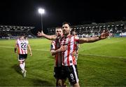 4 March 2024; Patrick Hoban of Derry City celebrates after scoring his side's first goal, a penalty, with team-mate Ben Doherty, left, during the SSE Airtricity Men's Premier Division match between Shamrock Rovers and Derry City at Tallaght Stadium in Dublin. Photo by Stephen McCarthy/Sportsfile