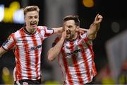4 March 2024; Patrick Hoban of Derry City celebrates after scoring his side's first goal, a penalty, with team-mate Daniel Kelly, left, during the SSE Airtricity Men's Premier Division match between Shamrock Rovers and Derry City at Tallaght Stadium in Dublin. Photo by Stephen McCarthy/Sportsfile