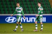 4 March 2024; Graham Burke, left, and Darragh Burns of Shamrock Rovers react after concedeing during the SSE Airtricity Men's Premier Division match between Shamrock Rovers and Derry City at Tallaght Stadium in Dublin. Photo by David Fitzgerald/Sportsfile