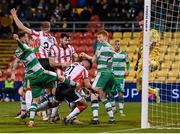 4 March 2024; Danny Mullen of Derry City scores his side's second goal during the SSE Airtricity Men's Premier Division match between Shamrock Rovers and Derry City at Tallaght Stadium in Dublin. Photo by Stephen McCarthy/Sportsfile